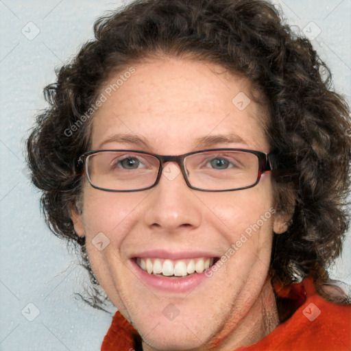 Joyful white adult female with medium  brown hair and blue eyes