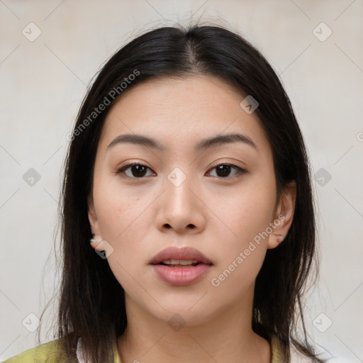 Neutral white young-adult female with medium  brown hair and brown eyes