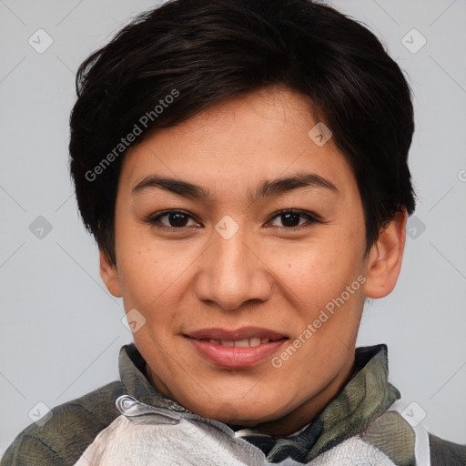 Joyful asian young-adult female with short  brown hair and brown eyes