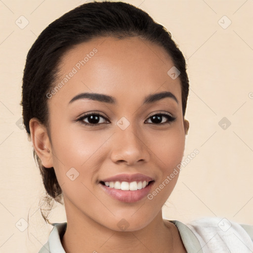 Joyful white young-adult female with short  black hair and brown eyes