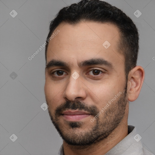 Neutral white young-adult male with short  black hair and brown eyes