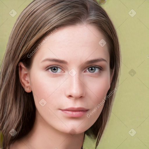 Neutral white young-adult female with long  brown hair and grey eyes