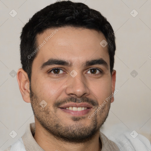 Joyful white young-adult male with short  black hair and brown eyes