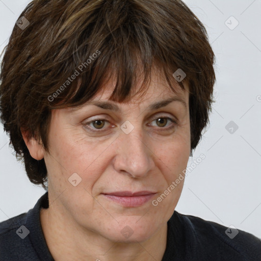 Joyful white adult female with short  brown hair and grey eyes