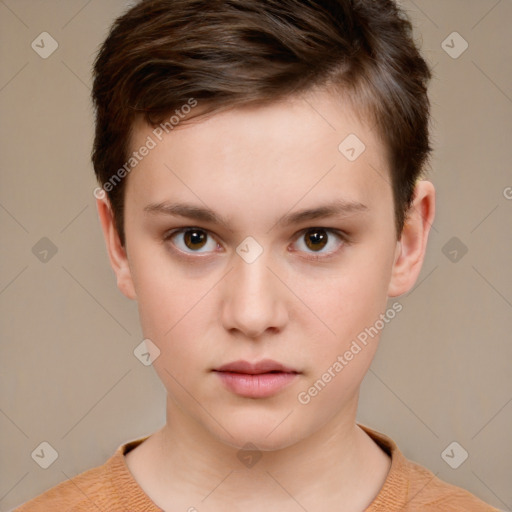 Neutral white young-adult female with short  brown hair and brown eyes