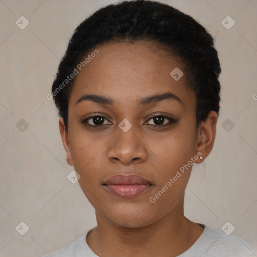 Neutral black young-adult female with short  black hair and brown eyes