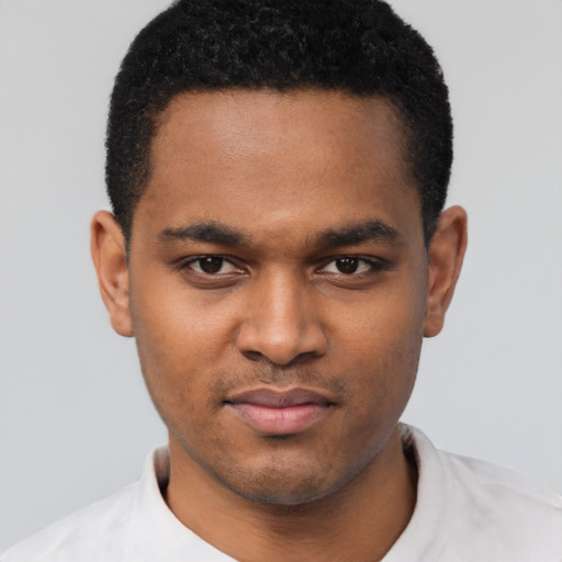 Neutral black young-adult male with short  black hair and brown eyes