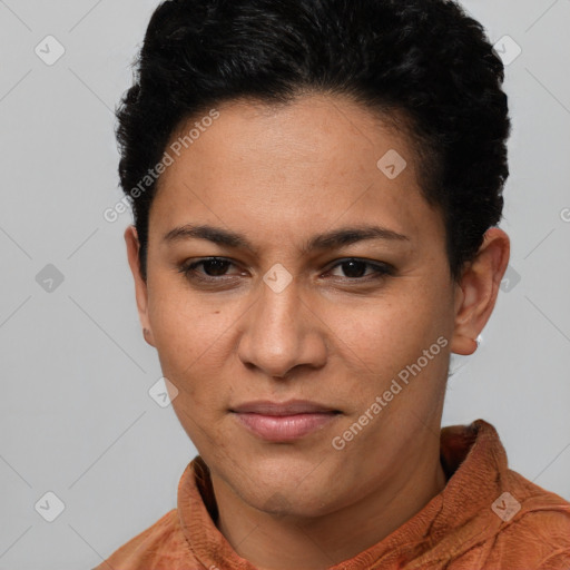 Joyful latino young-adult female with short  brown hair and brown eyes