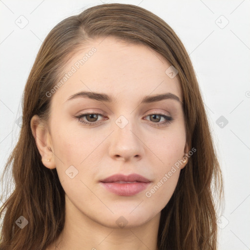 Neutral white young-adult female with long  brown hair and grey eyes