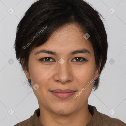 Joyful white young-adult female with medium  brown hair and brown eyes