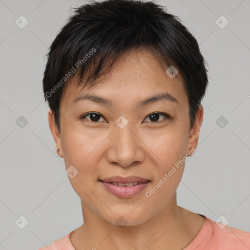 Joyful asian young-adult female with short  brown hair and brown eyes