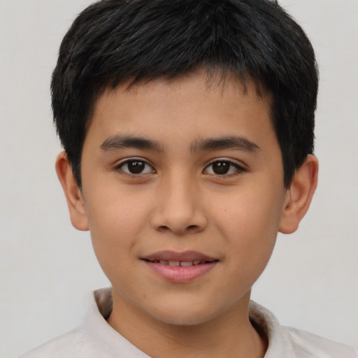 Joyful asian child male with short  brown hair and brown eyes