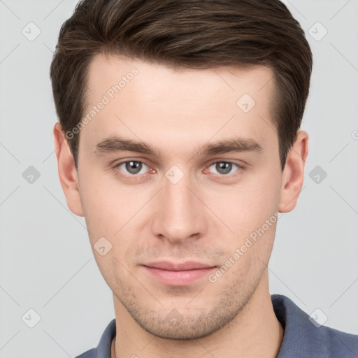 Neutral white young-adult male with short  brown hair and grey eyes