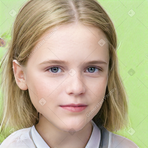 Neutral white child female with medium  brown hair and blue eyes