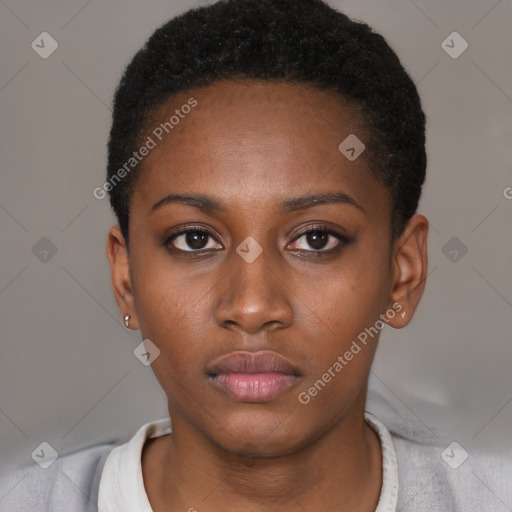 Neutral black young-adult female with short  black hair and brown eyes