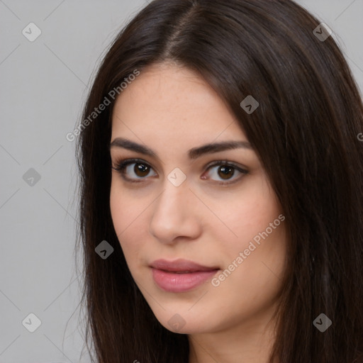 Neutral white young-adult female with long  brown hair and brown eyes