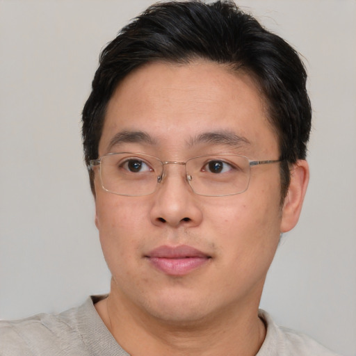Neutral asian adult male with short  brown hair and brown eyes