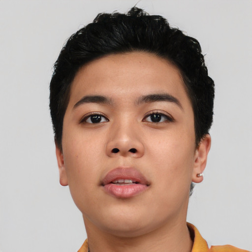 Neutral asian young-adult female with short  black hair and brown eyes