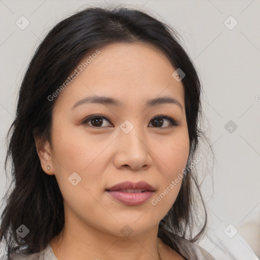 Joyful asian young-adult female with medium  brown hair and brown eyes