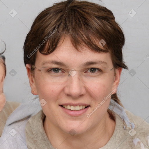 Joyful white young-adult female with medium  brown hair and blue eyes