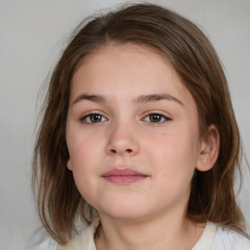 Neutral white child female with medium  brown hair and grey eyes