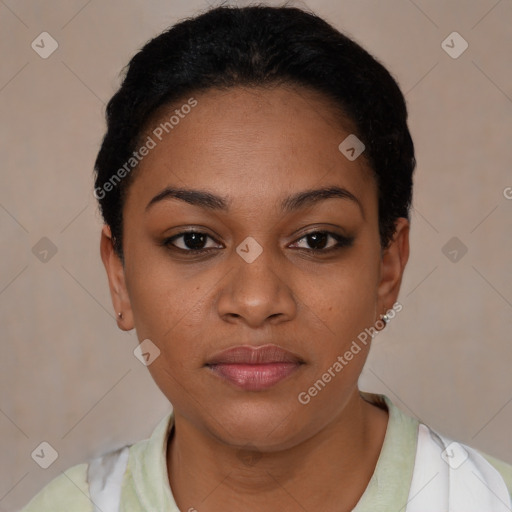 Joyful latino young-adult female with short  black hair and brown eyes