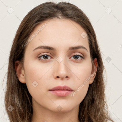 Neutral white young-adult female with long  brown hair and grey eyes