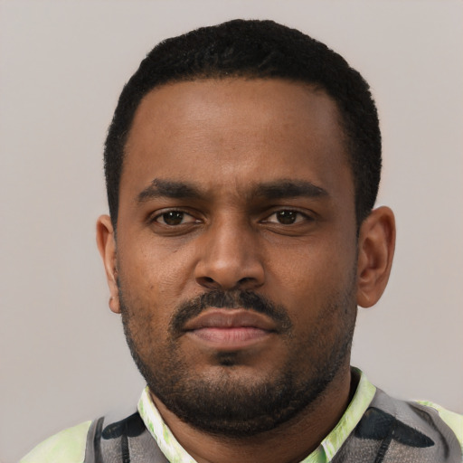 Neutral black young-adult male with short  black hair and brown eyes