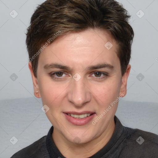 Joyful white young-adult female with short  brown hair and brown eyes