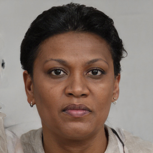 Joyful black adult female with short  brown hair and brown eyes