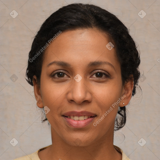 Joyful latino young-adult female with medium  brown hair and brown eyes