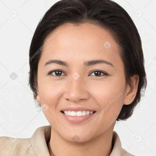 Joyful white young-adult female with medium  brown hair and brown eyes