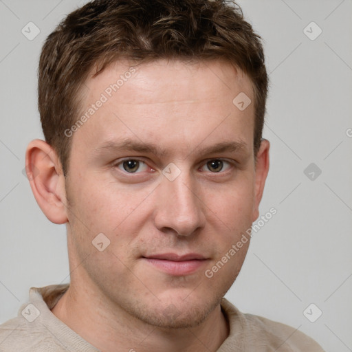 Neutral white young-adult male with short  brown hair and grey eyes