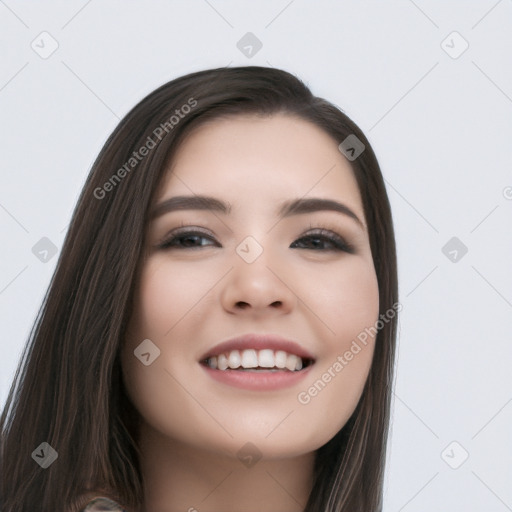 Joyful white young-adult female with long  black hair and brown eyes