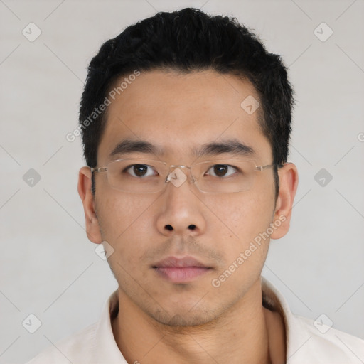 Neutral asian young-adult male with short  black hair and brown eyes