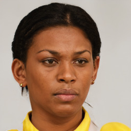 Neutral latino young-adult female with short  brown hair and brown eyes