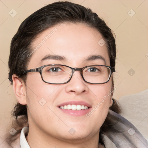 Joyful white young-adult female with medium  brown hair and brown eyes