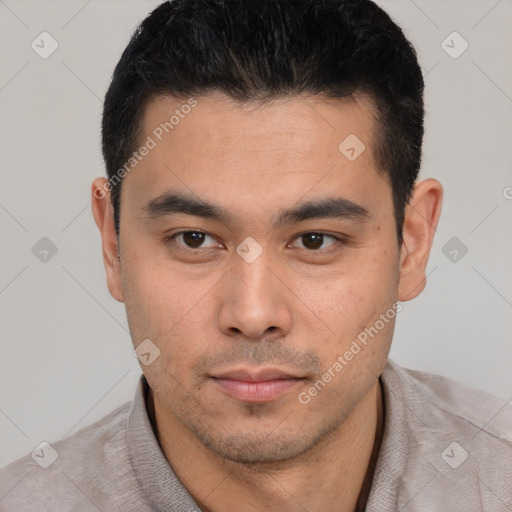 Neutral latino young-adult male with short  black hair and brown eyes