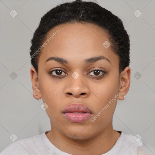 Neutral black young-adult female with short  black hair and brown eyes