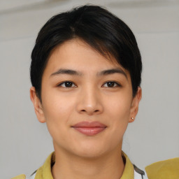 Joyful asian young-adult female with short  brown hair and brown eyes