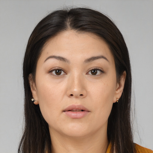 Neutral asian young-adult female with long  brown hair and brown eyes