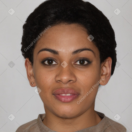 Joyful latino young-adult female with short  black hair and brown eyes