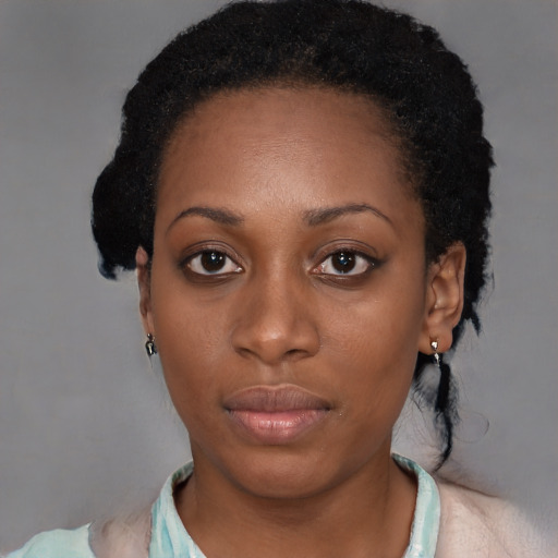 Neutral black young-adult female with short  black hair and brown eyes