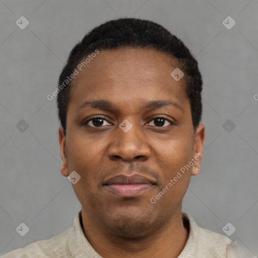 Neutral black young-adult male with short  black hair and brown eyes