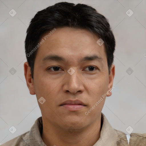 Neutral asian young-adult male with short  brown hair and brown eyes