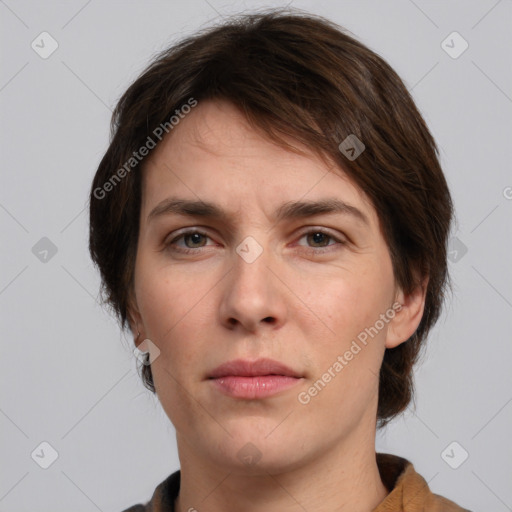 Neutral white young-adult female with medium  brown hair and brown eyes