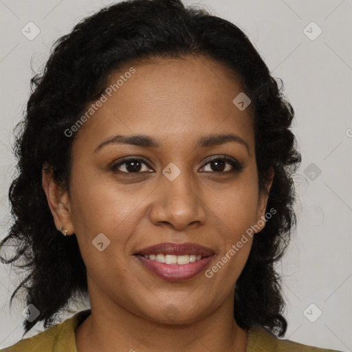 Joyful black young-adult female with medium  brown hair and brown eyes