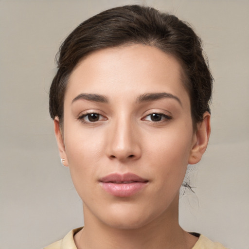 Neutral white young-adult female with medium  brown hair and brown eyes