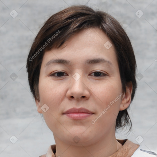 Joyful white young-adult female with medium  brown hair and brown eyes