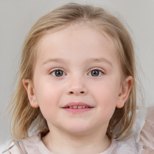 Joyful white child female with medium  brown hair and blue eyes